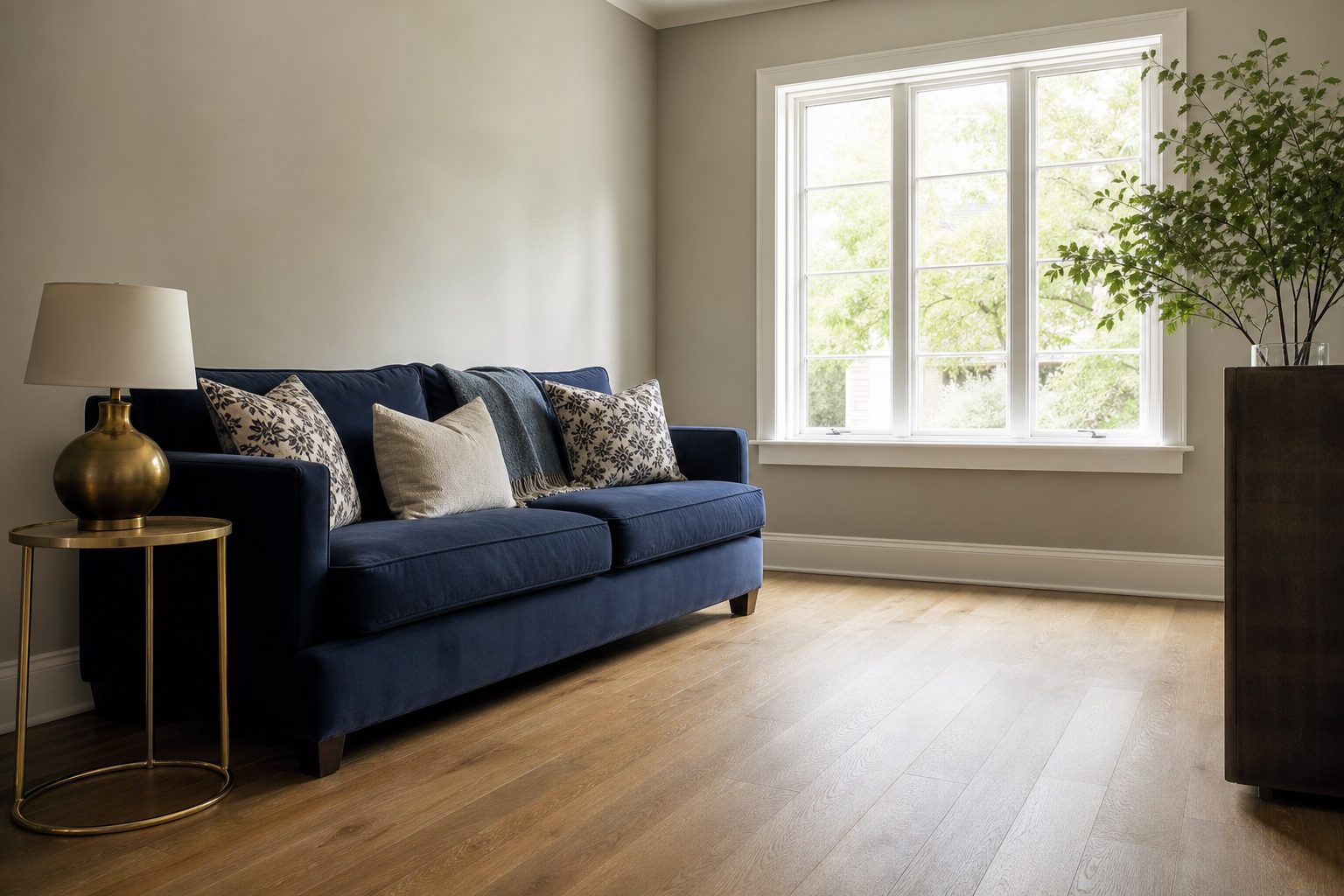 A light residential living room in a managed apartment