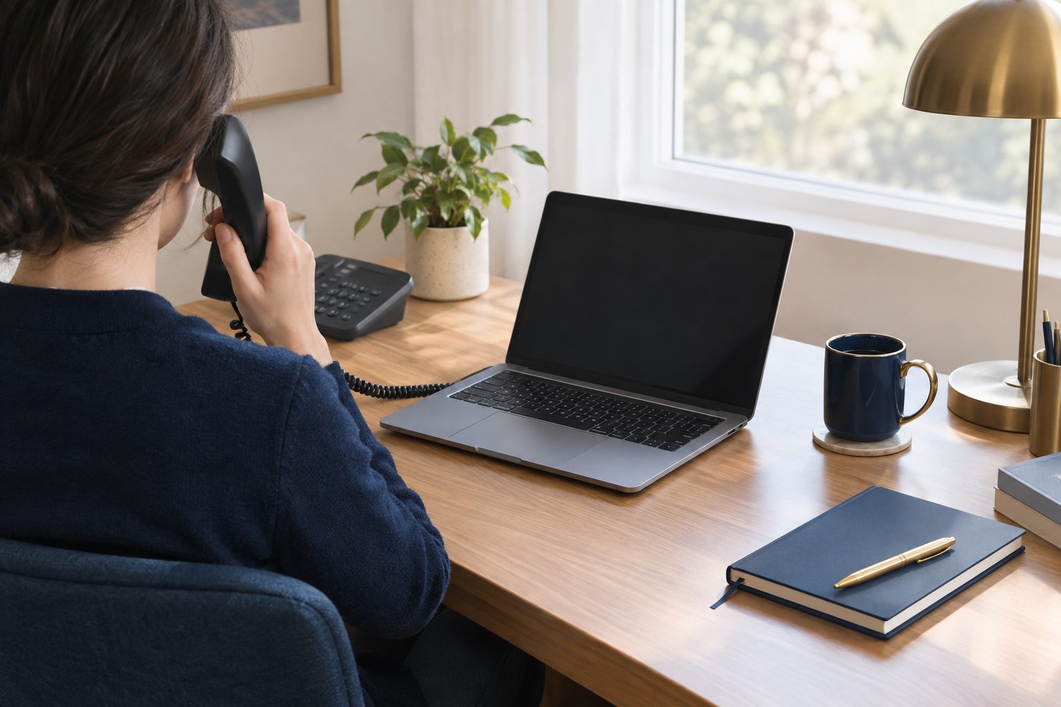 A person taking a tenant call at a desk